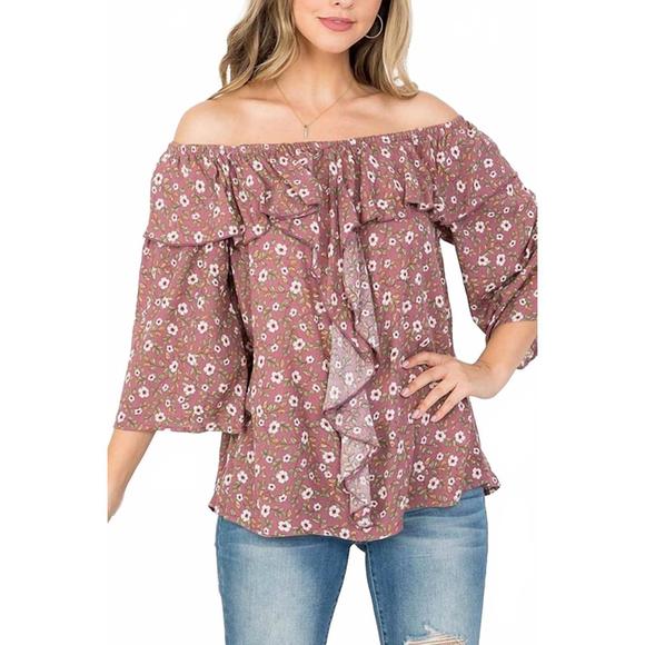 NEW ODDI off shoulder ruffle detail floral print top in purple - Picture 1 of 2